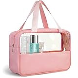 Trousse de Toilette Transparente,Trousse de Toilette en PVC,Trousse de Maquillage Portable,Grande Capacité Sac de Toilette avec Poignée pour Hommes et Femmes Voyages,Soport,Natation,Camping (Rose)