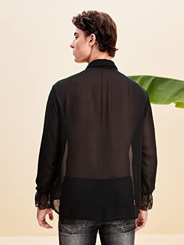 WDIRARA Men's Floral Lace Trim Mesh Long Sleeve Collared Sheer Top Button Down Shirt2