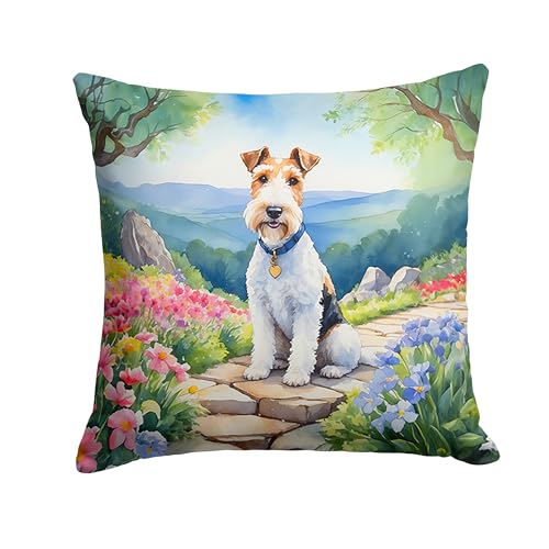 Caroline's Treasures Fox Terrier Spring Path Throw Pillow Machine Washable, Indoor Outdoor Decorative Pillow for Couch, Bed or Patio, 14Hx14W