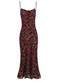 LASPIA Women's Floral Print Fishtail Wrapped Buttocks Dress Summer Vacation Bodycon Dresses,Black Red Rose,Large