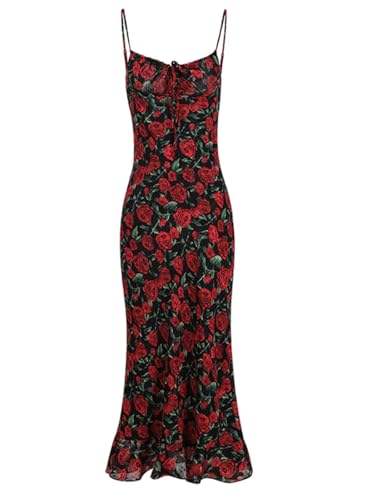 LASPIA Women's Floral Print Fishtail Wrapped Buttocks Dress Summer Vacation Bodycon Dresses,Black Red Rose,Large