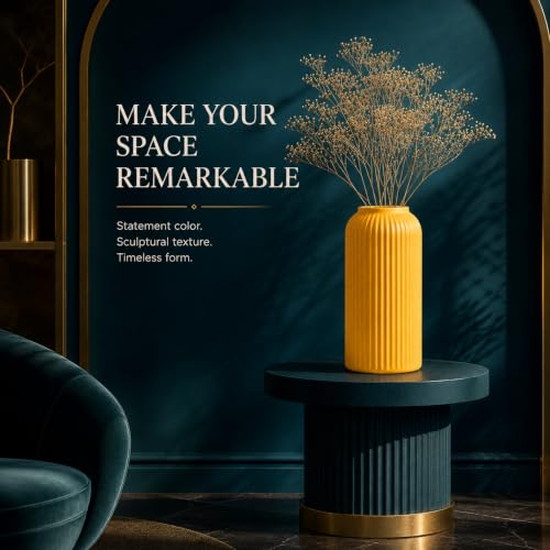 Image of Yellow Ribbed Ceramic Flower Vase 6 Inch Matte Pampas Grass & Dried Flower Vase for Home & Office Table Decor Decorative Centerpiece Gift - Vase Only