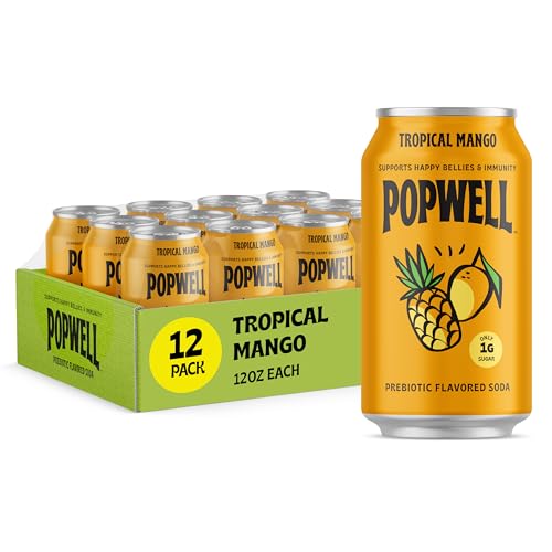Image of Popwell Tropical Mango Better-For-You Prebiotic Soda, with 6g Fiber, 1g Sugar, Vitamins and Immunity Support, 12 fl oz Cans (pack of 12)