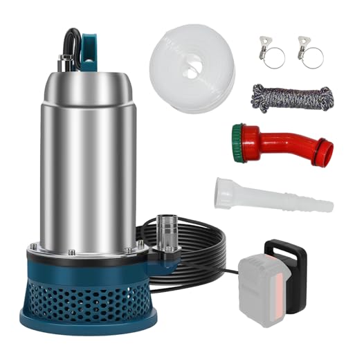 Pompe submersible sans fil pour Makita batterie, Pompe à eau sans fil 5000L/H Pompe submersible hauteur de refoulement 16m avec tuyau de 5 m pour piscine,...