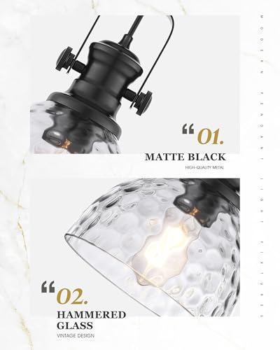 Image of 2-Pack 7.5 inch Black Pendant Light Fixtures, Hammered Glass Shade | Farmhouse Vintage Hanging Light Fixture for Kitchen Island Dining Room, Adjustable Height, E26 Base, AD-22151-1P2-BK-H