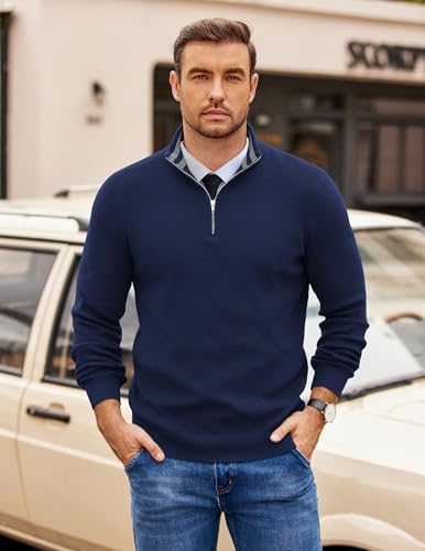 COOFANDY Mens Quarter Zip Pullover Slim Fit Lightweight Sweater Casual Mock Neck Knit Polo Sweater3