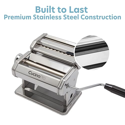 Pasta Maker Machine- Heavy Duty Chrome Coated Steel Construction with Fettucine & Spaghetti Attachments, Rollers w Adjustable Thickness Settings, Manual Hand Crank for Precise Noodles w Recipe Guide