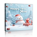 新年の雪だるまキャンバスプリント冬の休日のウォールアートリビングルームキッチンまたは書斎用のクリスマスをテーマにした壁の装飾を吊るす準備ができています30x30cmインナーフレーム