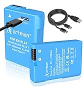Artman - Paquete de 2 baterías EN-EL14/EN-EL14a de 1600 mAh con puerto de carga de dos extremos tipo C para Nikon D31...