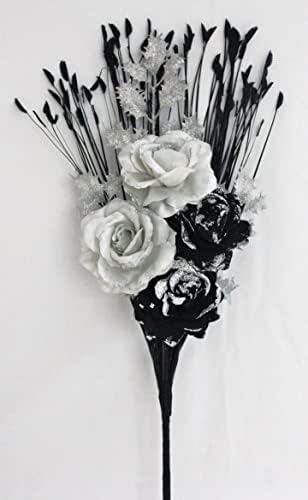 SIMPLY GIFTS 60CM, HANDMADE ARTIFICIAL SILK, BLACK SILVER GLITTER ROSES, SILVER GLITTER ROSE FLOWER BOUQUET, NO VASE