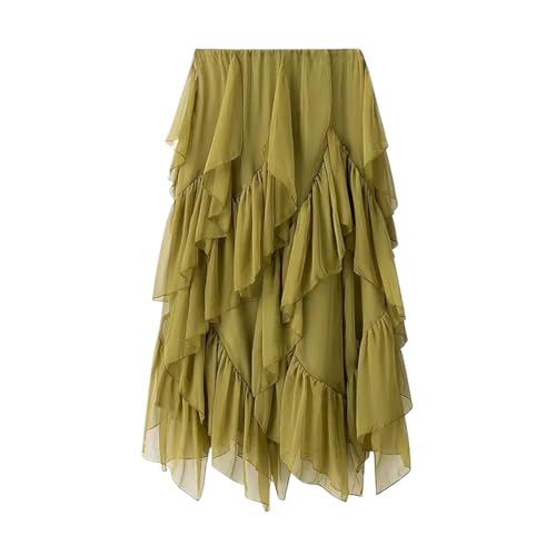 Summer Women Casual Asymmetrical Mid-Length Skirt with Layered Design Natural Waist Solid Color