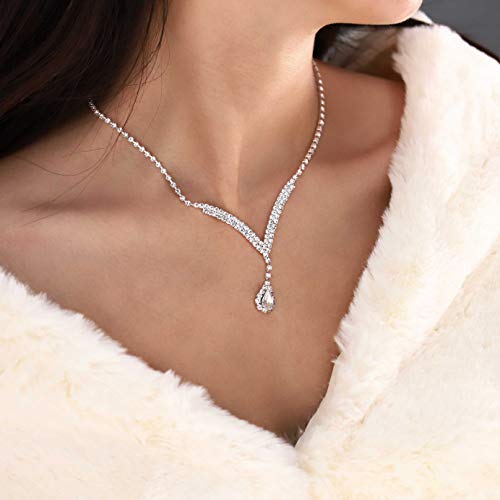 Unicra Bride Silver Bridal Necklace Earrings Set Crystal Bridal Wedding Jewelry Set Rhinestone Choker Necklace for Women and Girls (3 piece set - 2 earrings and 1 necklace)(Silver-2)