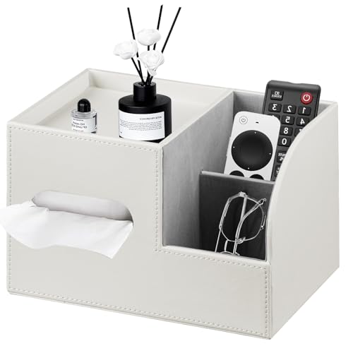 PU Leather Tissue Box Cover Square,Tissue Box Holder Organizer with Storage Tray and Remote Control Holder for Bathroom Countertop Night Stands Bedroom Office Desk,Napkin Caddy Decorative White