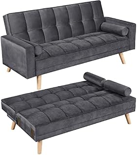Yaheetech Modern Velvet Sofa Bed 3 Seater Click Clack Sofa Settee Recliner Couch with Wooden Legs for Living Room/Guest Room/Office, Modern Gray