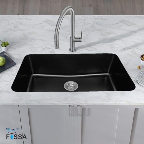 Image of Fossa 10-Year Warranty 31 inchx19 inchx9.5 inch Pure Quartz Kitchen Sink Single Bowl with Basket, Round Coupling, Waste Pipe Black (Matte Finish)
