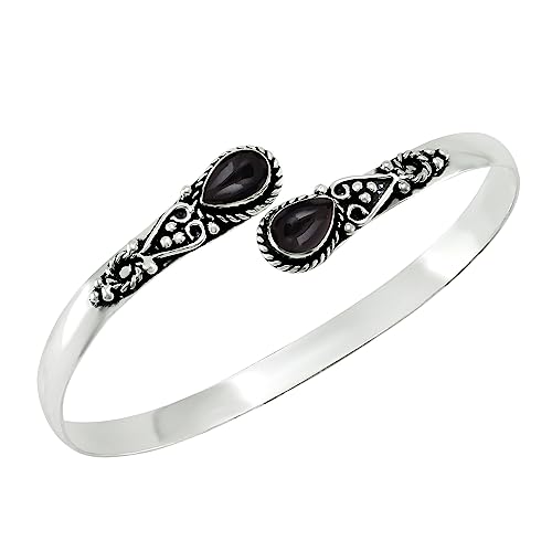 Pear Shape Natural Gemstones Bangle for Women - 925 Sterling Silver Plated Handmade Cuff Bracelet - Birthstone Adjustable Open Bangle Jewelry - Gift for Wedding Anniversaries Valentine's Day Christmas