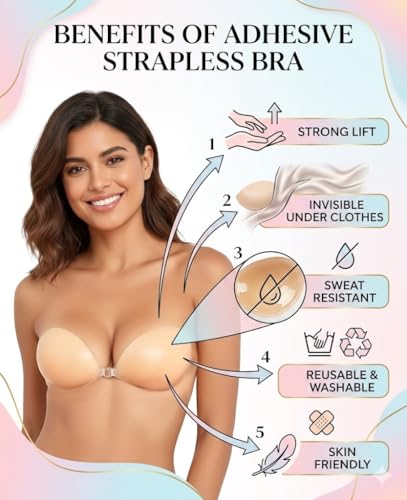 Image of Adhesive Bra Reusable Strapless Self Silicone Push-up Invisible Sticky Bras for Backless & Off Shoulder Dress Beige