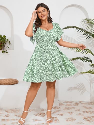 Image of SHESTARR Womens Plus Size Casual Mini Dress Sweetheart Neckline Short Flutter Sleeve Smocked A Line Tiered Ruffle Dresses