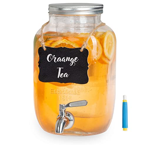 Outdoor Glass Beverage Dispenser With Stainless Steel Spigot, Ice Cylinder & Hanging Chalkboard - 1 Gallon Drink Dispenser For Lemonade, Tea, Cold Water & More #TOP23