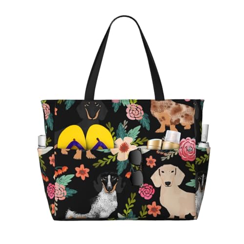 Grand sac de plage teckel imprimé fleuri avec poignées confortables et grand volume