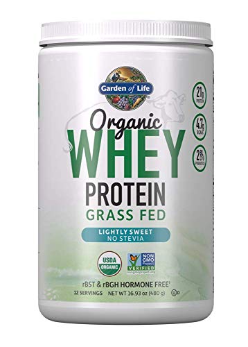 Garden of Life Organic Grass Fed Whey Powder, 21g Protein Plus Probiotics, Non-GMO, Stevia/Gluten/RBST & Rbgh Free, Humane Certified, Lightly Sweet, 1.05 lb