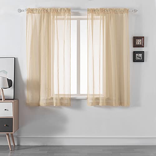 DUALIFE Light Brown Sheer Curtains for Small Windows 45 Inch Length Rod Pocket Light Kakhi Taupe Brown Voile Curtain Panels/Window Drapes for Living Room and Bedroom Window Treatments 2 Panels