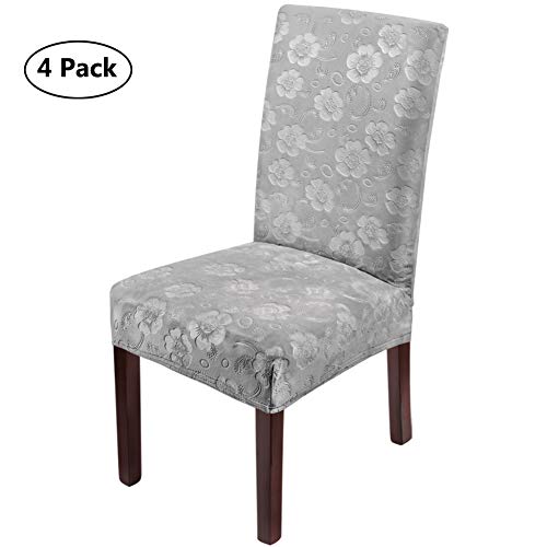 LUOLLOVE Fundas De Sillas,Fundas para Silla De Terciopelo con Estampado De Flores,Spandex Lavable Fundas para Sillas Respaldo Alto(4 PCS-Gris)