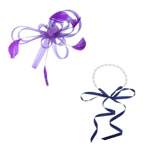 LOGOFUN 2pcs Elegant Rhinestone Bridal Waist Chain with Dark Blue Ribbon and Feather Fascinator Hair Clip for Wedding Bridesmaid Party Accessories