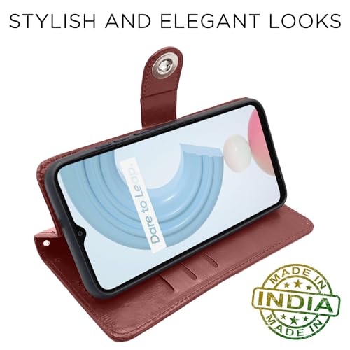 Image of Pikkme Realme C21y Flip Cover Leather Finish | Inside TPU with Card Pockets | Wallet Stand and Shock Proof | Complete Protection Button Flip Case (Brown)