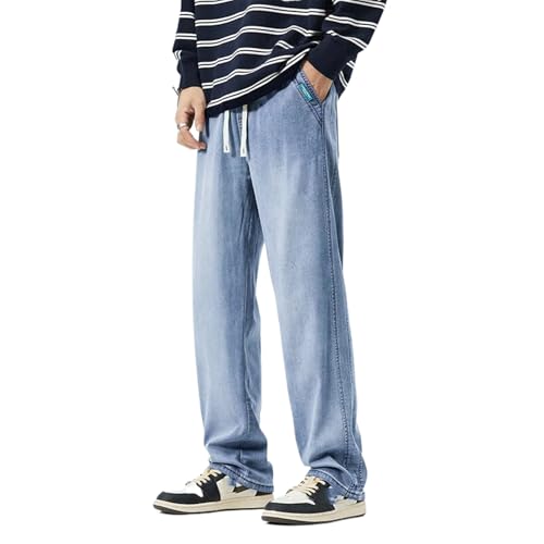 Summer Thin Jeans Men Elastic Waist Loose Straight Thick Denim Trousers Male