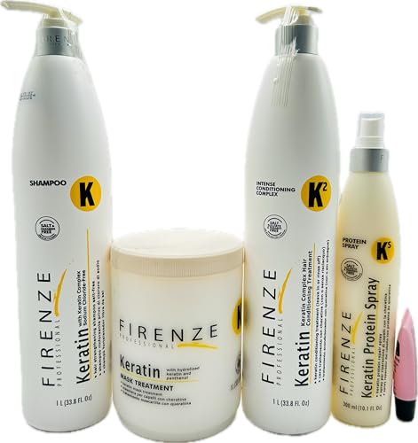 Firenze Professional Keratin Kit: Shampoo Intense Conditioning complex & Mask 33.8 fl oz Protein Spray 10.1 Fl Oz - Free Lip Gloss Color Varies