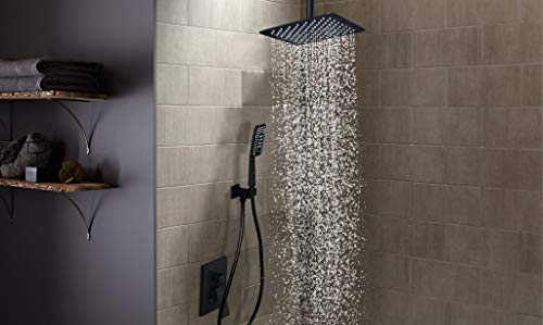 Esnbia 10 Inch Ceiling Mount Matte Black Shower System Bathroom Luxury Rain Mixer Shower Combo Set Ceiling Rainfall Shower Head System (Rough in Shower Faucet Vlave Include)