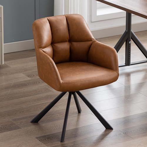 Image of Finch Fox Battle Modern 360 Swivel Mid-Back Arm Faux-Leather Study Upholstered Comfortable Metal Base Computer Office Desk Chair in Tan Color (Set of 2)