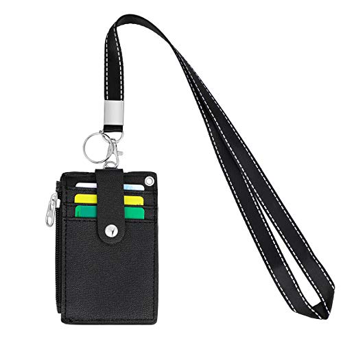 Image of ID Badge Holder with Lanyard,2 Sided 5 Card Slots ID Card Holder Wallet with PU Leather Zipper Pocket and Detachable Keychain Lanyard for Teens Men Women(Black)