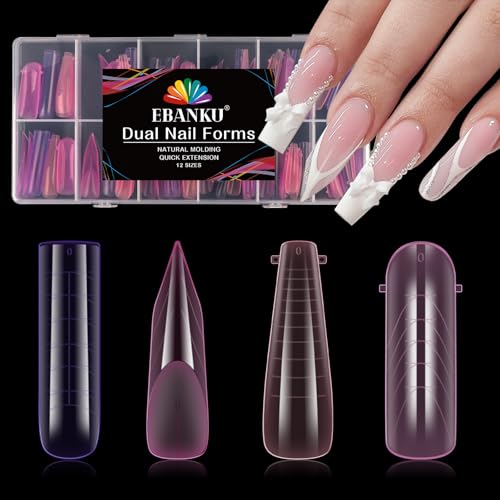 EBANKU Dual Nail Forms for Poly Extension Gel, 96 PCS Pink Nail Molds Reusable Nail Extension Forms for Builder Gel Manicure Design Salon DIY-12 Sizes