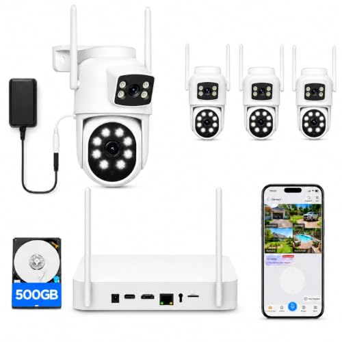 Camcamp Home Security Camera System Wireless Outdoor, 4 Dual Lens Cameras