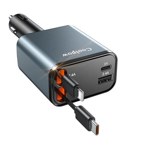 Retractable Car Charger 4 in 1 Fast Charging Car Phone Charger Cigarette Lighter Adapter Car Accessories Car Adapter Travel Essentials Gifts for Women Men for iPhone 16 15 14 13 12 Galaxy Pixel