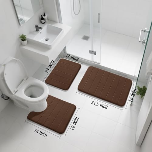Image of Yimobra Memory Foam Bath Mat Set 3 Pieces- Super Soft Absorbent Quick Dry Bathroom Rug Sets, Machine Washable Non Slip Floor Carpet for Tub Shower, Vanity & Toilet Base, Brown