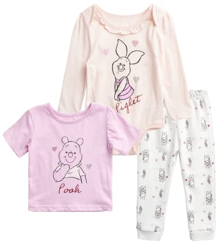 Disney Baby Girls' Pants Set - 3 Piece Minnie Mouse, Bambi, Winnie the Pooh Bodysuit, T-Shirt, and Sweatpants (0-24M)