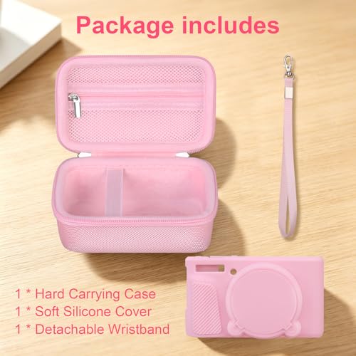 Image of Elonbo Camera Case for Canon PowerShot SX740 / SX730 Digital Camera, Canon SX740 / SX730 HS Hard Carrying Case + Soft Silicone Cover with Removable Lens Cover, Pink
