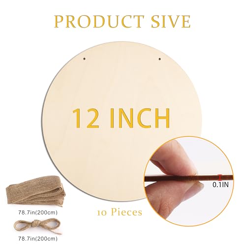 10Pcs 12 Inch Wood Circles for Crafts, Unfinished Wood Blank Wooden Door Hanger Sign, DIY Wood Rounds for Cricut Projects, Wood Burning, Painting, Valentines Day Decor DIY Crafts - Thumbnail 2