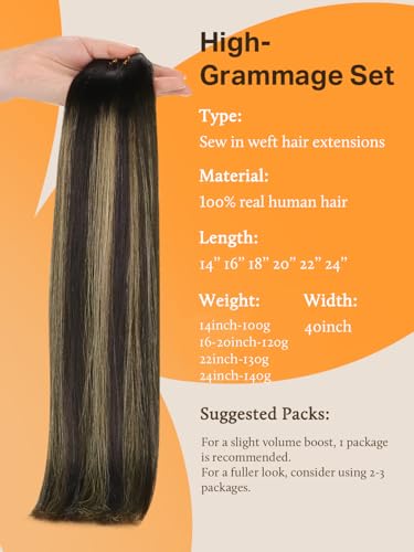 Image of DOORES Sew in Hair Extensions Real Human Hair, 22 Inch 130g Balayage Natural Black to Light Blonde, Straight Natural Weft Extensions for Women