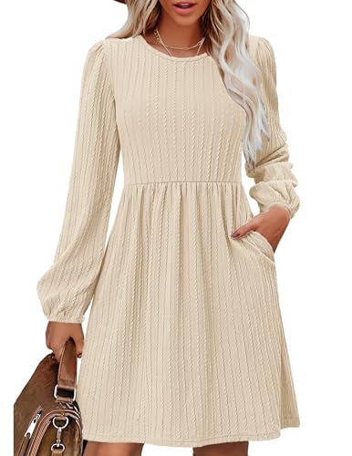Zeagoo Strickkleid Damen Herbstkleid A-Linie Kleid Langarm Herbst Kleider Knielang Winterkleid mit Taschen Beige XL
