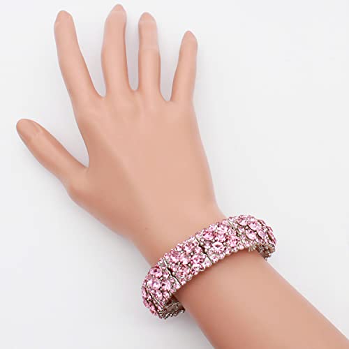 Lavencious Round Shape Rhinestones Elastic Stretch Bracelet Party Jewelry For Women 7"(Silver Pink) #TOP3