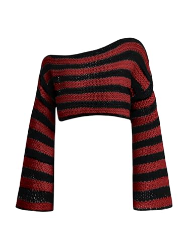 GORGLITTER Women's Y2k Off The Shoulder Top Striped Asymmetrical Crop Sweater Bell Sleeve Pullover Knit Tops