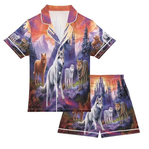 ALAZA Wolf Mountain Castle Satin Pajamas Set Short Sleeve Button Down Sleepwear Summer Pjs 2 Piece