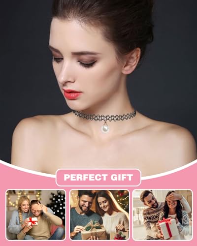 JUKOTA 4 Stück Stretch halsbänder Schwarz Choker Halskette mit Anhänger Damen Elastische Tattoo Halskette für Mädchen Frauen Teen Geschenk Geburtstagsgeschenk