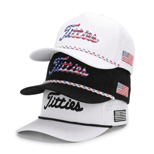 Image of Curves & Clubs Titties Golf Hat - Funny Golf Hat, Titties Hat - Funny American Hat - Men's Gifts (Cotton, White-Black)