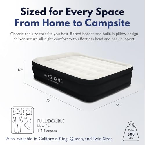 Image of King Koil Air Mattress Full with Built-in Pump, Inflatable Blow Up Bed | 1-Yr Warranty, patented coil-beam support, flocked waterproof top, inflates in 90 sec, puncture-resistant PVC, 600lb capacity