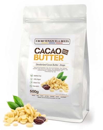 Cacao V Delta Manteca De Cacao Pura Desodorizada gotas 500g. Uso Alimentario y Cosmético - Manteca Sin Gluten Vegana Paleo y Keto Ideal Chocolates y Postres Sin Aditivos y Antioxidante
